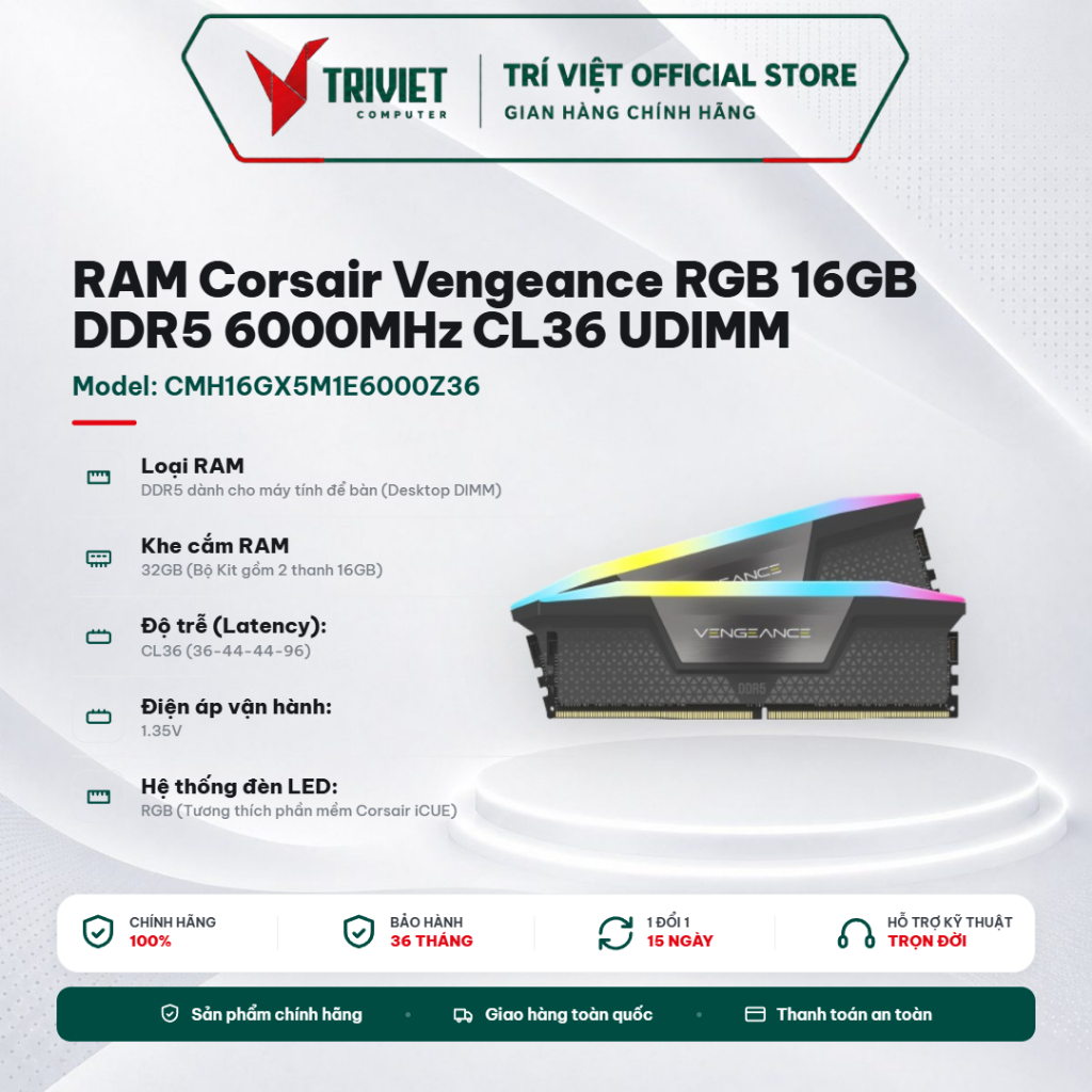 RAM Corsair Vengeance RGB 16GB DDR5 6000MHz CL36 UDIMM Grey 1.35V AMD EXPO Intel XMP CMH16GX5M1E6000