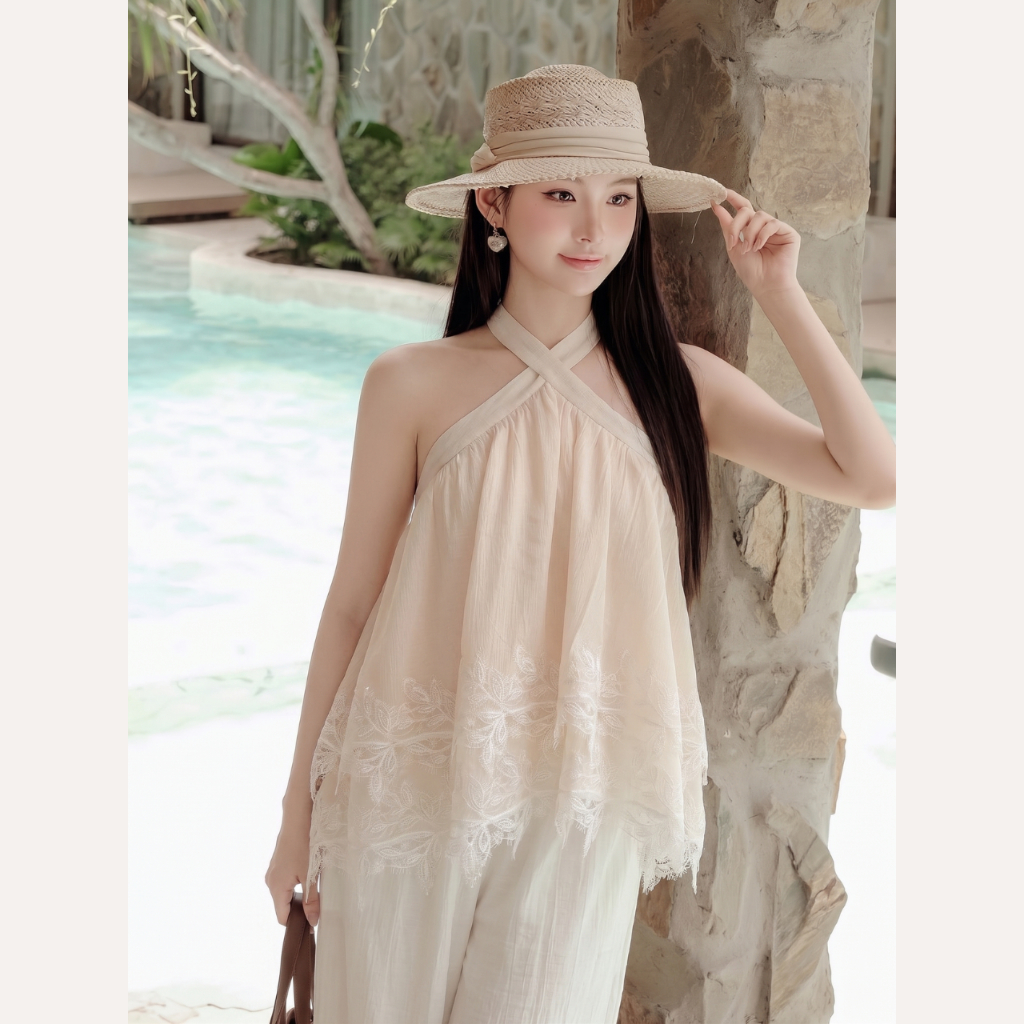 Áo cổ yếm phối ren bèo nhún, Áo nữ vải tơ xốp tiểu thư sang chảnh Linly Store A-CY10 | BigBuy360 - bigbuy360.vn
