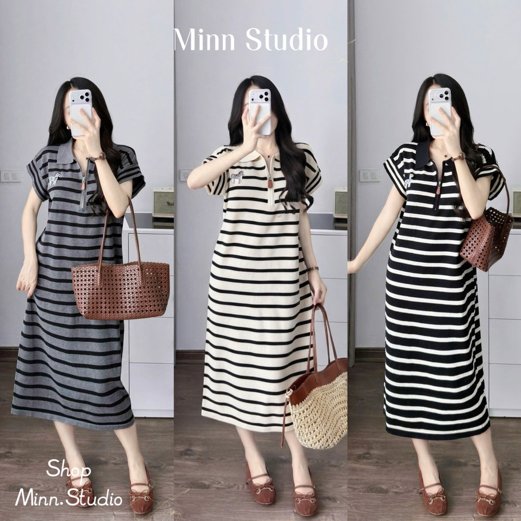 [Minn.studio] Váy Len Suông Kẻ Cổ Khoá, Thêu Ngực(Hàng QC )