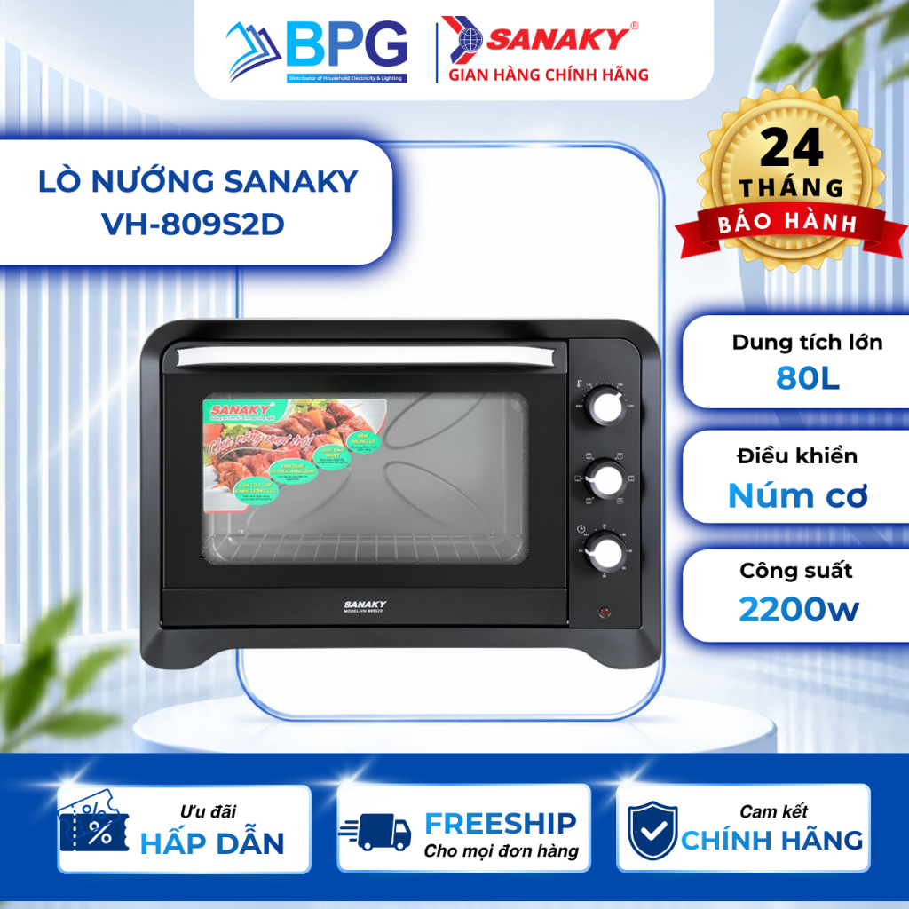 Lò Nướng Sanaky VH-809S2D 80 Lít Chính Hãng | Có Quạt Đối Lưu, Xiên Quay, Điều Chỉnh Nhiệt 100–230°C