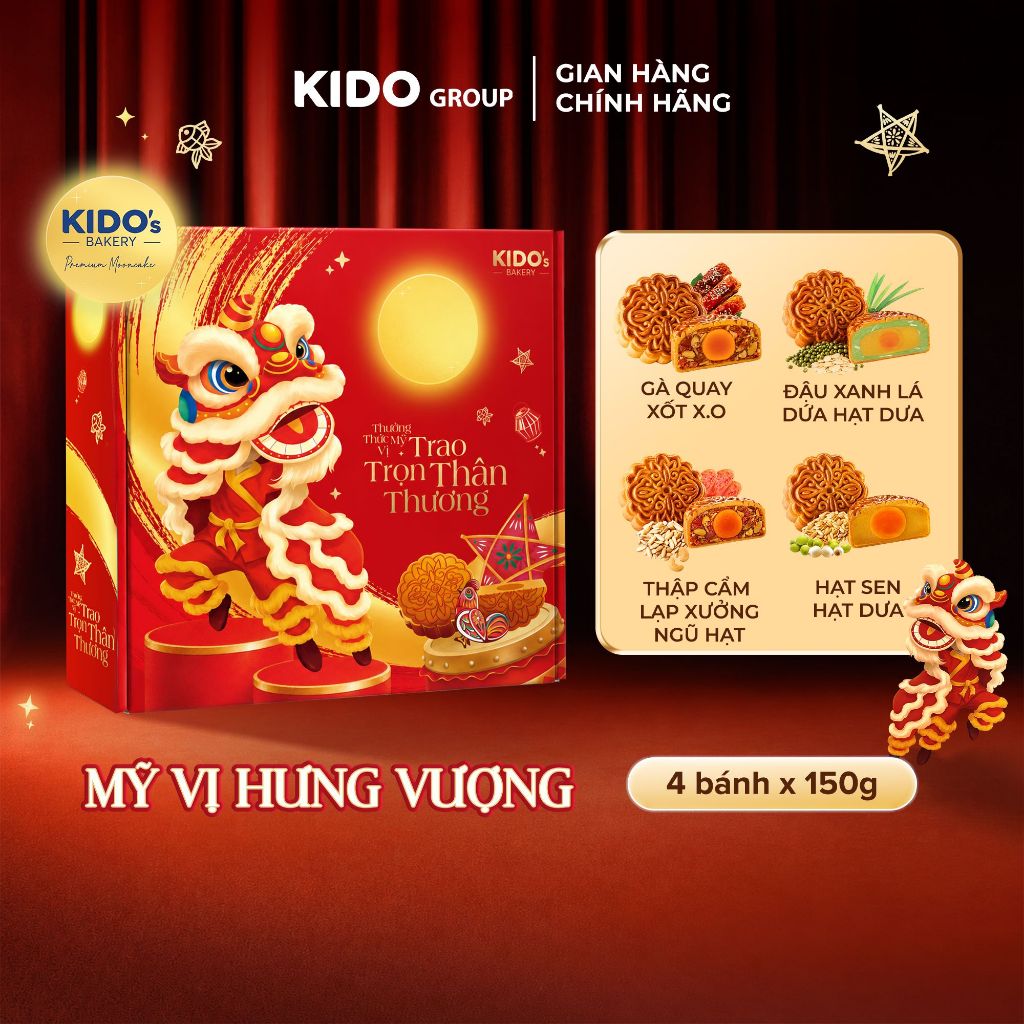 [ĐỘC QUYỀN SHOPEE] Bánh Trung Thu KIDO - HỘP MỸ VỊ HƯNG VƯỢNG - Combo gồm 4 bánh 150g loại 1 trứng -