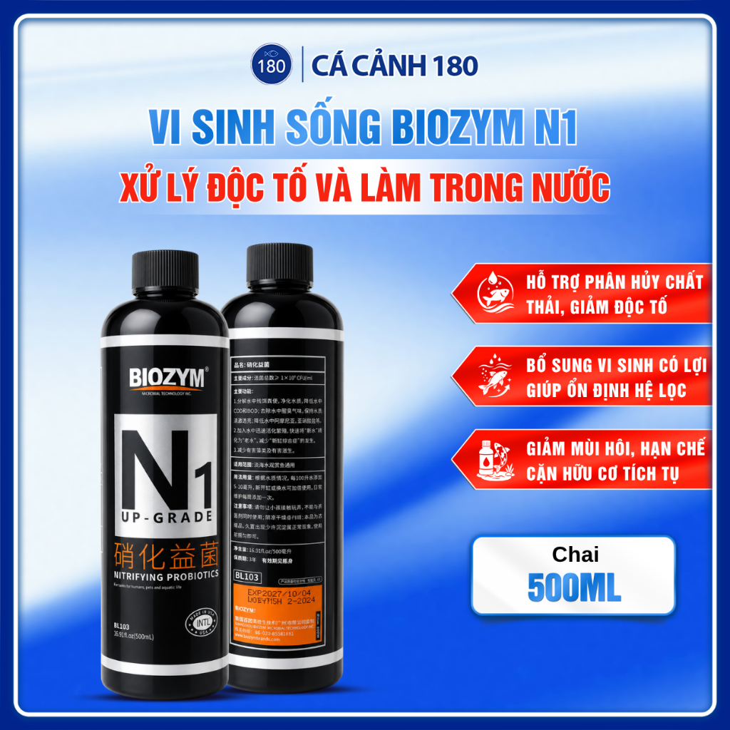 Vi sinh sống Biozym N1 xử lý độc tố và làm trong nước bể thủy sinh - 500ML