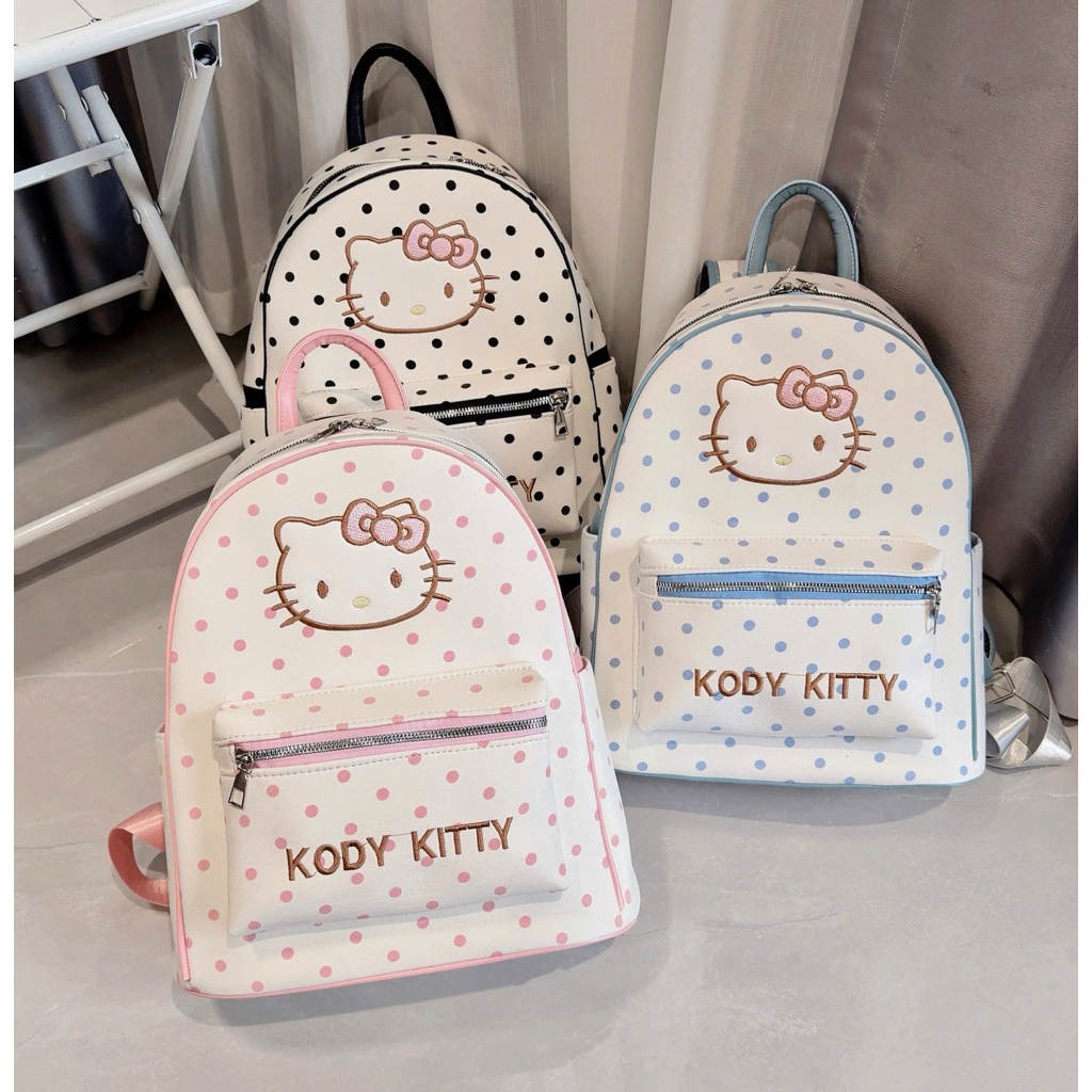 Balo Mẫu Mới LH Chất Vải Hoạ Tiết Mặt Hello Kitty Chấm Bi ,Tặng Charm Khi Mua ,Balo Rộng ,Balo Quai 