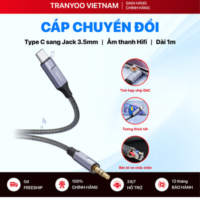 Cáp Chuyển Đổi Âm Thanh TRANYOO T-E14 Type C sang Jack 3.5 mm Chip DAC Hỗ Trợ Âm Thanh Hifi