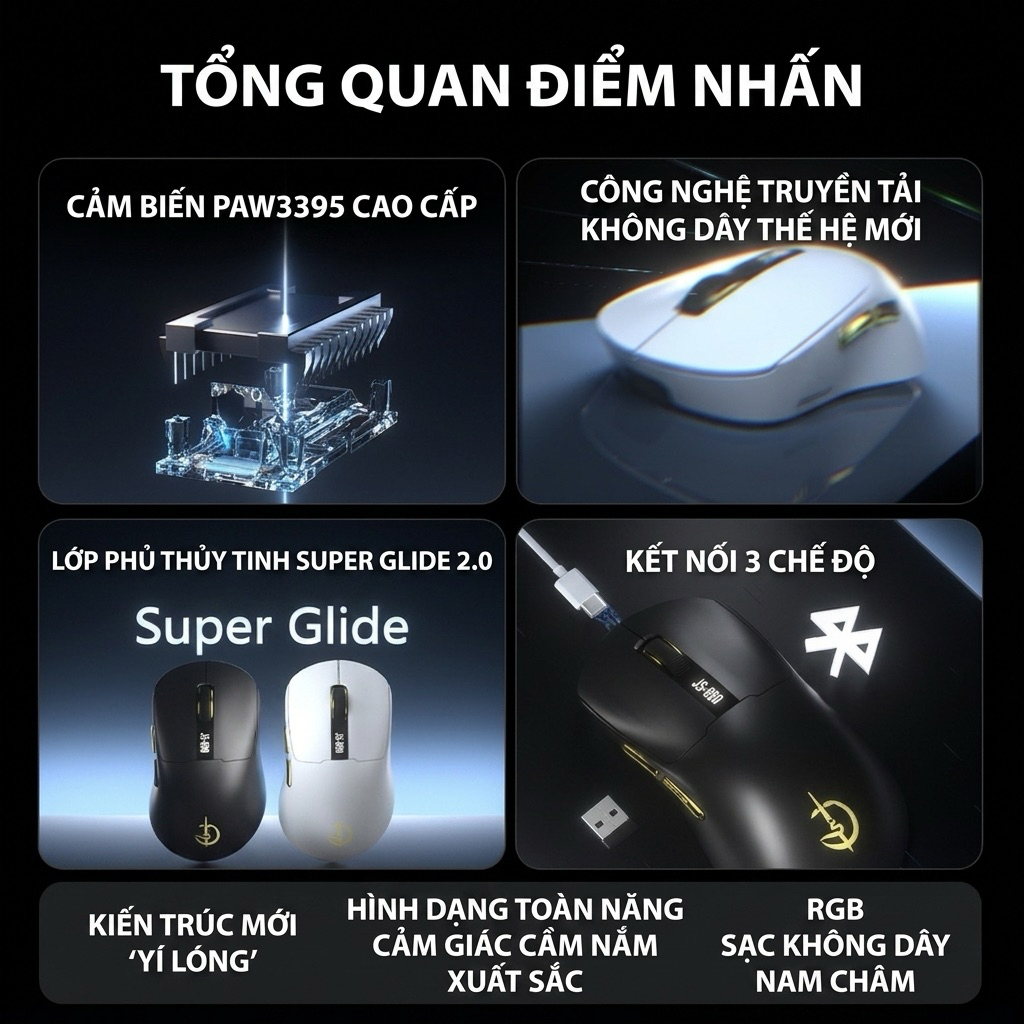 Chuột gaming bluetooth TEKKIN HOLY SWORD M980 chip PAW3395 tần số 2000hz 32000 DPI 3 mode có app