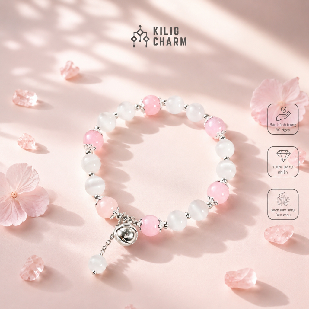 Vòng tay năng lượng Thạch Anh Dâu X Đá Mắt Mèo, lắc tay nữ charm chuông bạc may mắn KILIG CHARM KC60