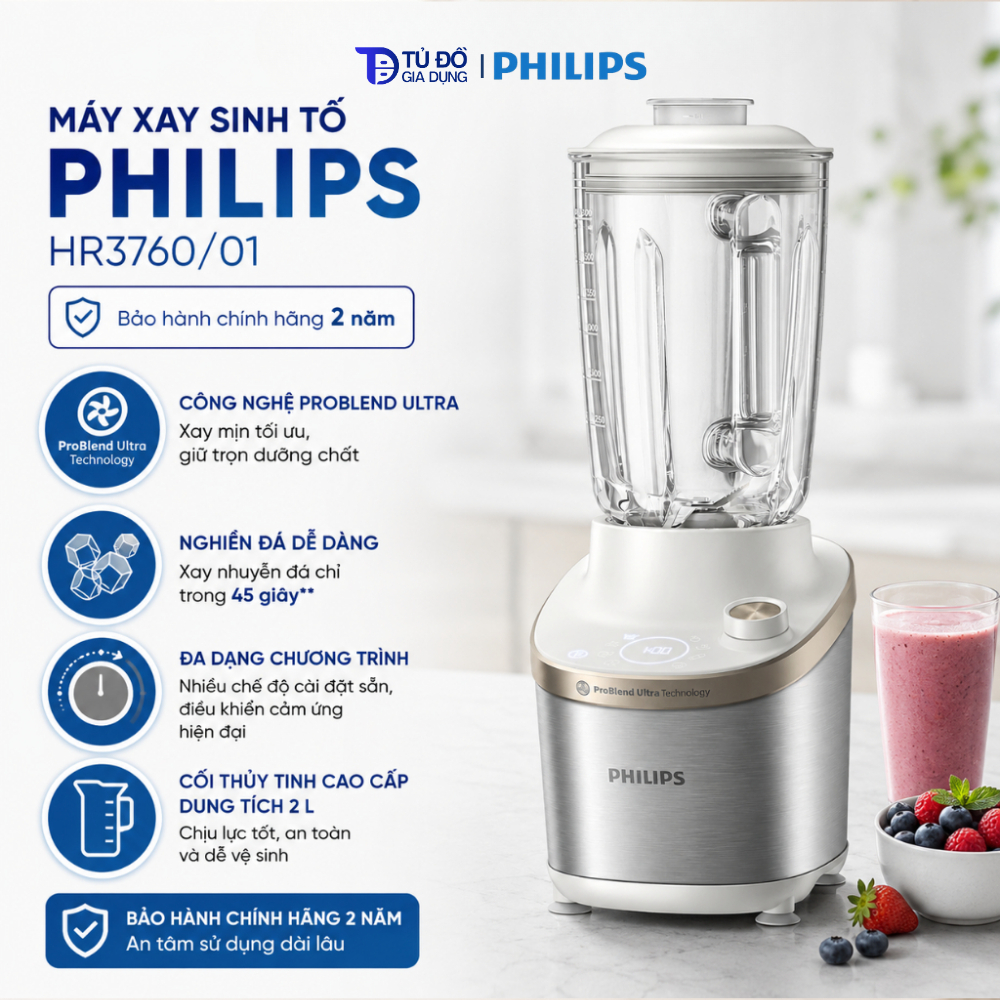 Máy xay sinh tố PHILIPS HR3760/01 | Công suất 1500w | Màn hình cảm ứng| Công nghệ ProBlend Ultra