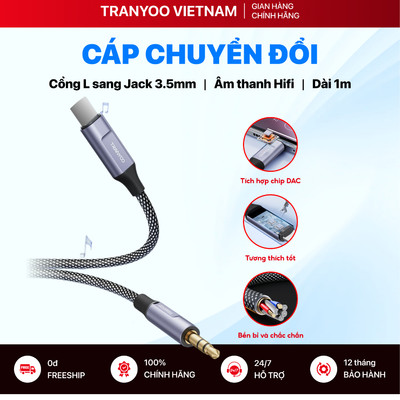 Cáp Chuyển Đổi Âm Thanh TRANYOO T-E15 Cổng L sang Jack 3.5mm Chip DAC Hỗ Trợ Âm Thanh Hifi