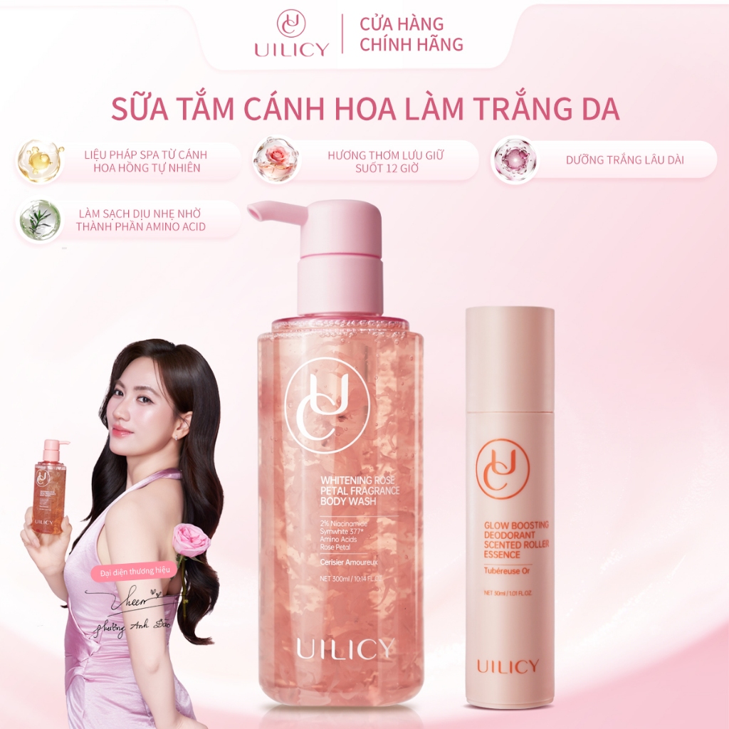 Bộ đôi UILICY Sữa tắm hoa hồng 300ml & Lăn khử mùi 30ml Tubéreuse Or Niacinamide 2% Symwhite377 Amin