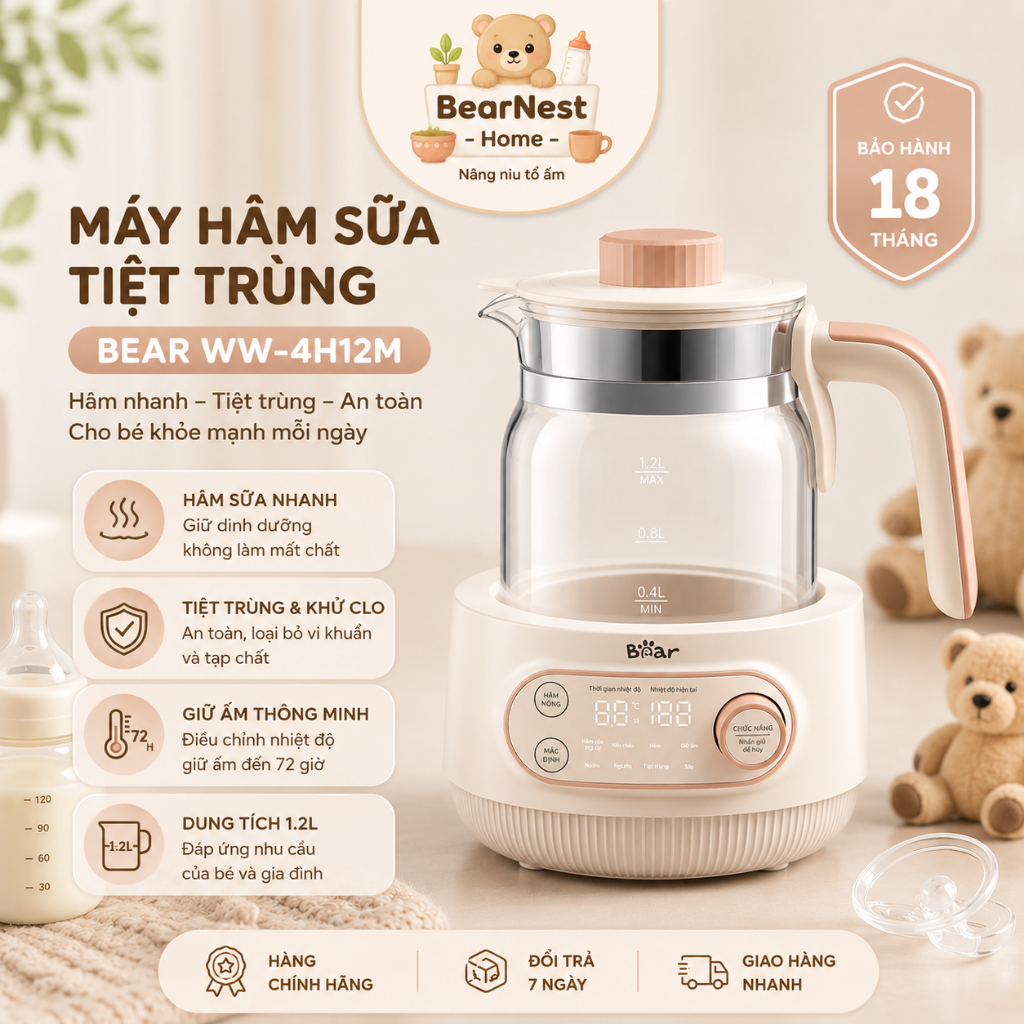 Máy hâm sữa tiệt trùng Bear WW-4H12M hâm nóng giữ nhiệt khử khuẩn cho bé