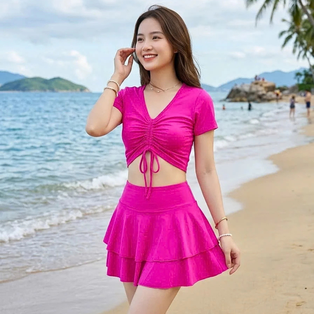 Bikini 2 mảnh đồ bơi đi biển, Yoga, Aerobic,Gym áo tắm dây rút ngực váy xoè 2 tầng nhiều màu | BigBuy360 - bigbuy360.vn