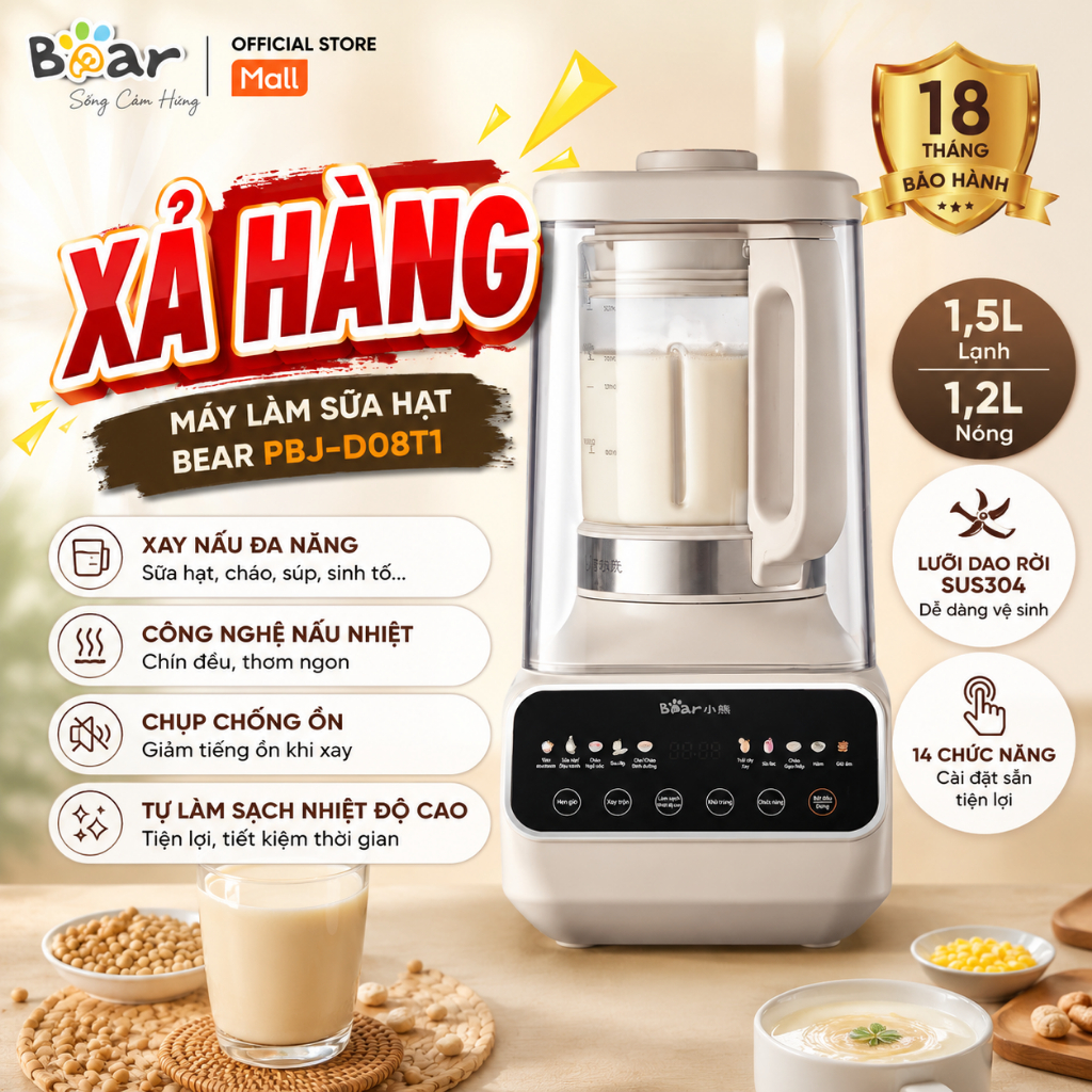 Máy làm sữa hạt Bear 1,5L PBJ-D08T1 - Máy nấu sữa hạt Bear - Máy xay sữa hạt Bear - HuDan Việt Nam