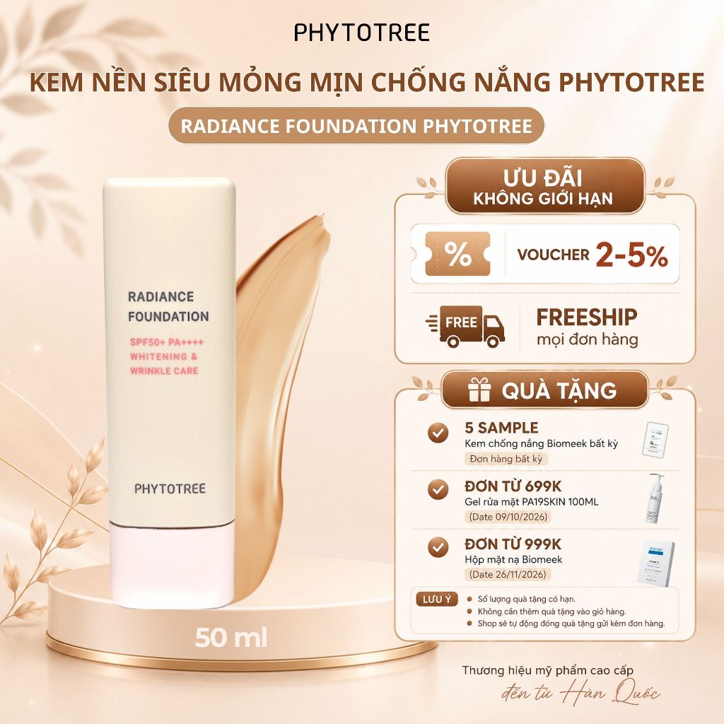 [Phytotree] Kem nền dạng tuýp RADIANCE FOUNDATION  tàng hình chống nắng SPF50+ PA++++ 50ml