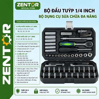 Bộ đầu tuýp 1/4'' đa năng ZENTOR chính hãng | Bộ khẩu 1/4'' cần siết tự động đảo chiều thép CR-V siêu cứng