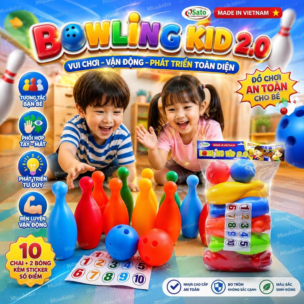 Bowling  Set 12 Món Bằng Nhựa Cao Cấp Có  Tem Dán Số  Cho Bé