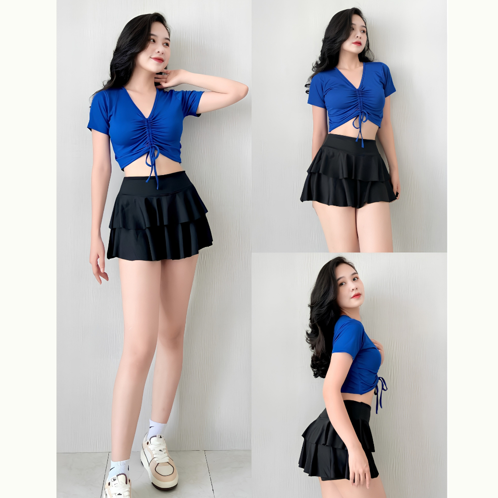 Bikini 2 mảnh đồ bơi đi biển, Yoga, Aerobic,Gym áo tắm dây rút ngực váy xoè 2 tầng nhiều màu | BigBuy360 - bigbuy360.vn