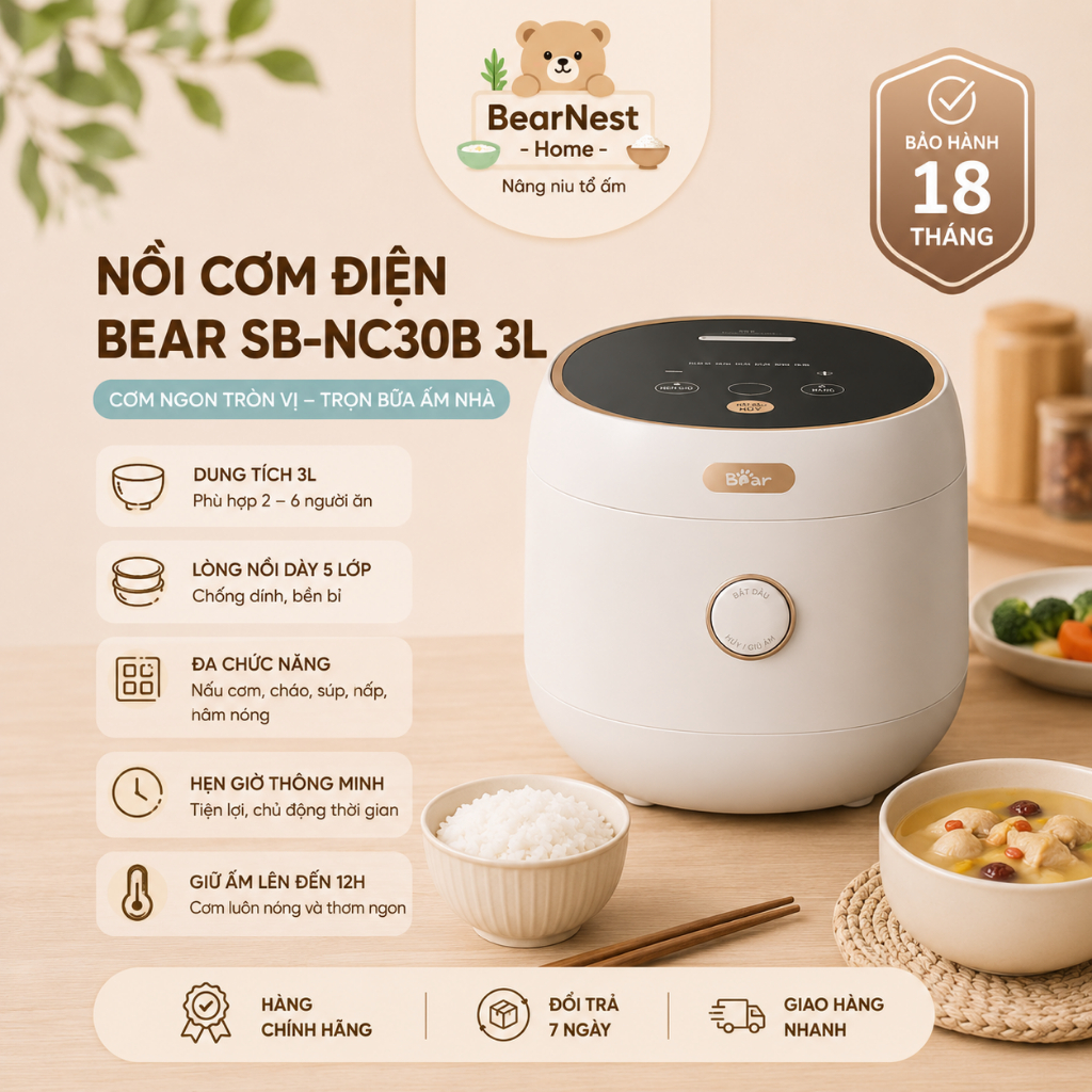 Nồi cơm điện Bear SB-NC30B 3L nấu cơm ngon giữ ấm lâu cho gia đình