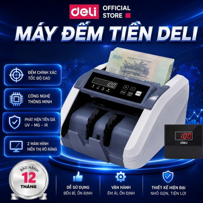 Máy Đếm Tiền 2 Màn Hình Deli Máy Phát Hiện Tiền Giả Đếm Tiền Polyme Tiền Giấy 4 Chức Năng Tự Động