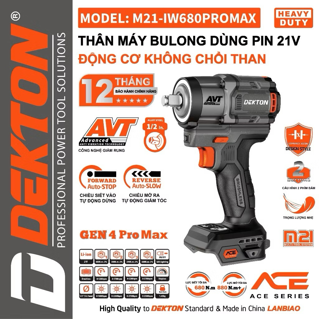 Máy siết bulong DEKTON IW680PROMAX Bulong đầu đặc 1/2 680Nm