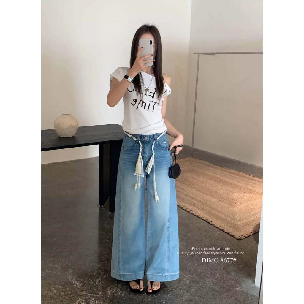 Quần jean rộng H2 trơn đường li bên kèm dây thổ cẩm xonxen shop - mã 6176