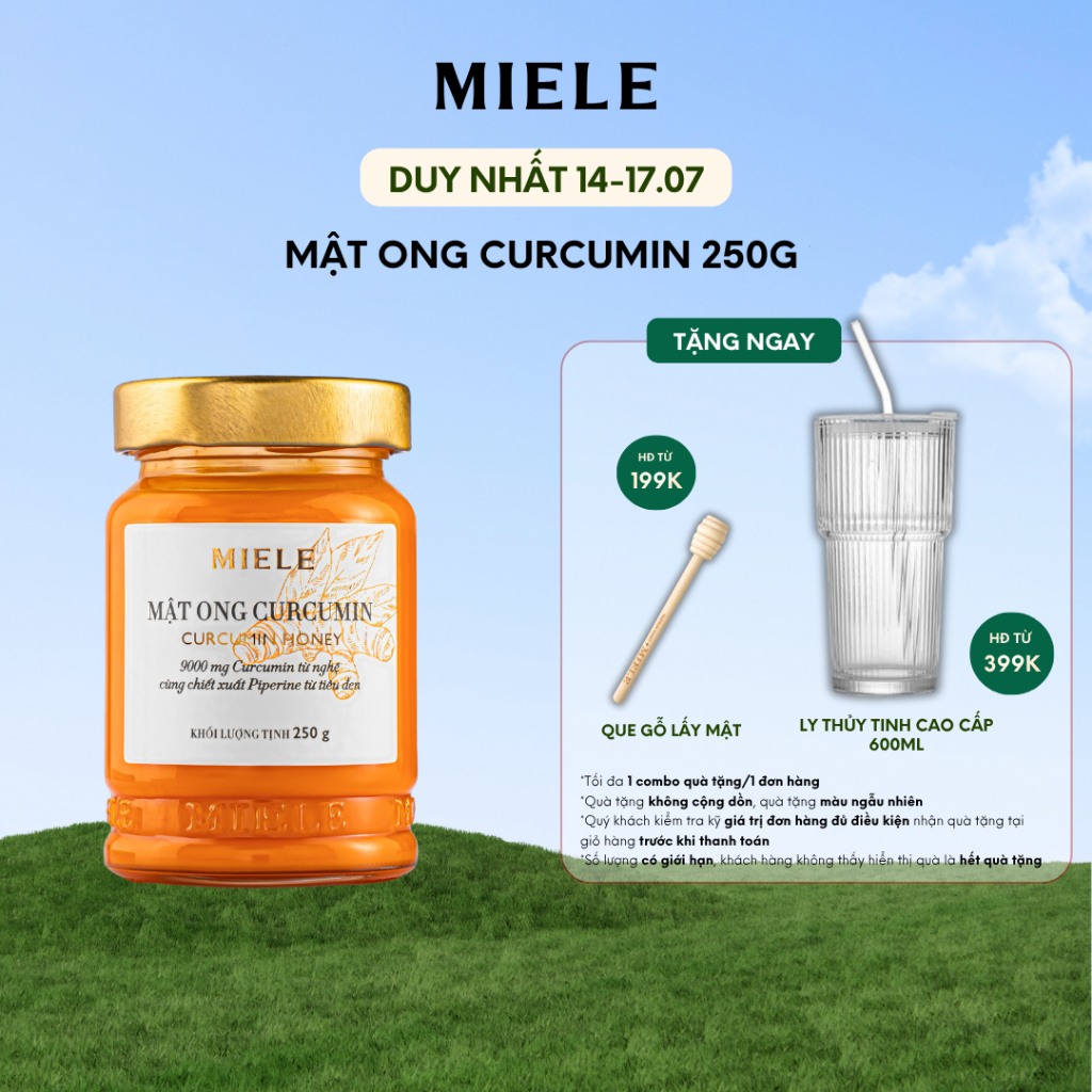 Mật Ong Nghệ Curcumin Miele 250g, Hỗ Trợ Dạ Dày Đẹp Da, Đạt Chuẩn HACCP.-Tặng 1 Que