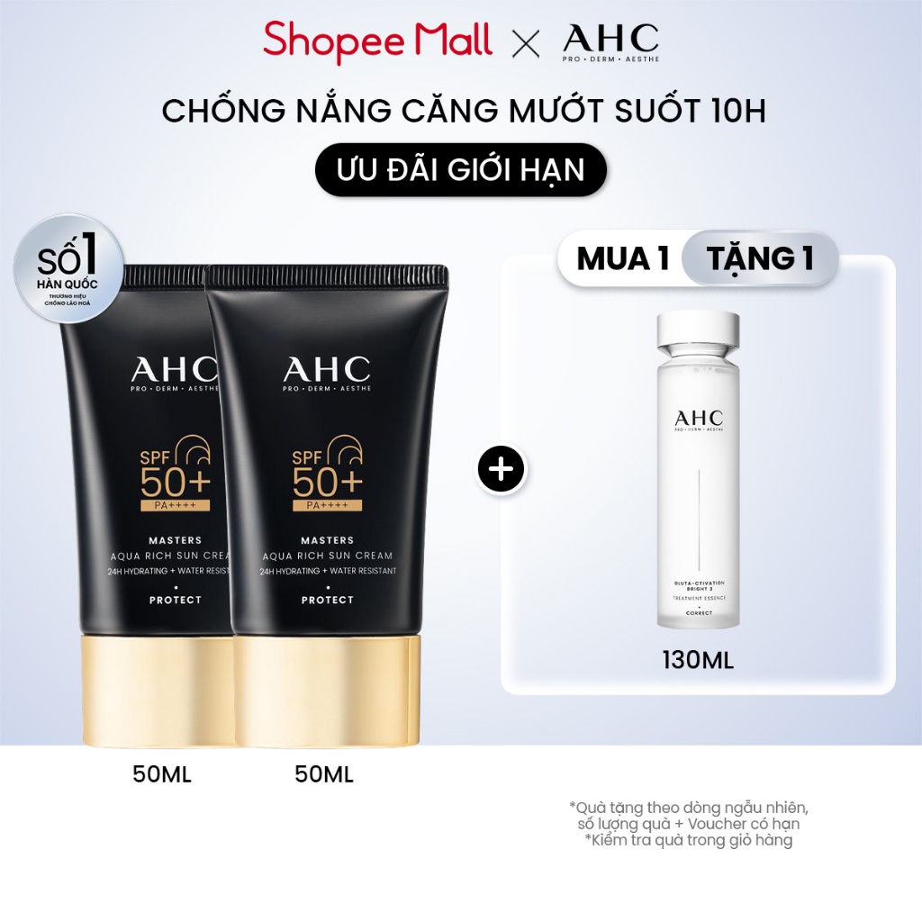 Bộ đôi Kem chống nắng AHC phổ rộng 400nm căng mướt da chuẩn Hàn (50 ml x2) Masters Aqua Rich Sun Cre