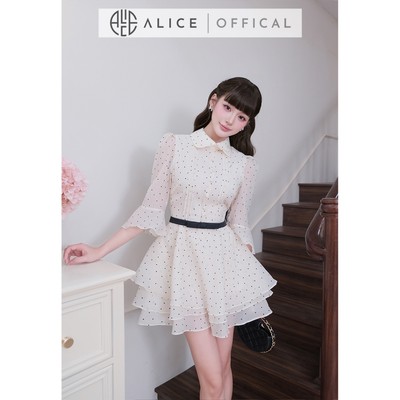 Váy Ngắn Chấm Bi Cao Cấp Alice Chất Tơ Xốp Tay Lửng, Cổ Sen Thắt Eo Dáng Xòe 2 Tầng Nữ Tính V1497