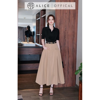 Set Váy Công Sở Alice Cao Cấp, Áo Thun Cotton Cổ Đổ Phối Chân Váy Kaki Xếp Ly Quạt Dáng Midi A1116+CV1001