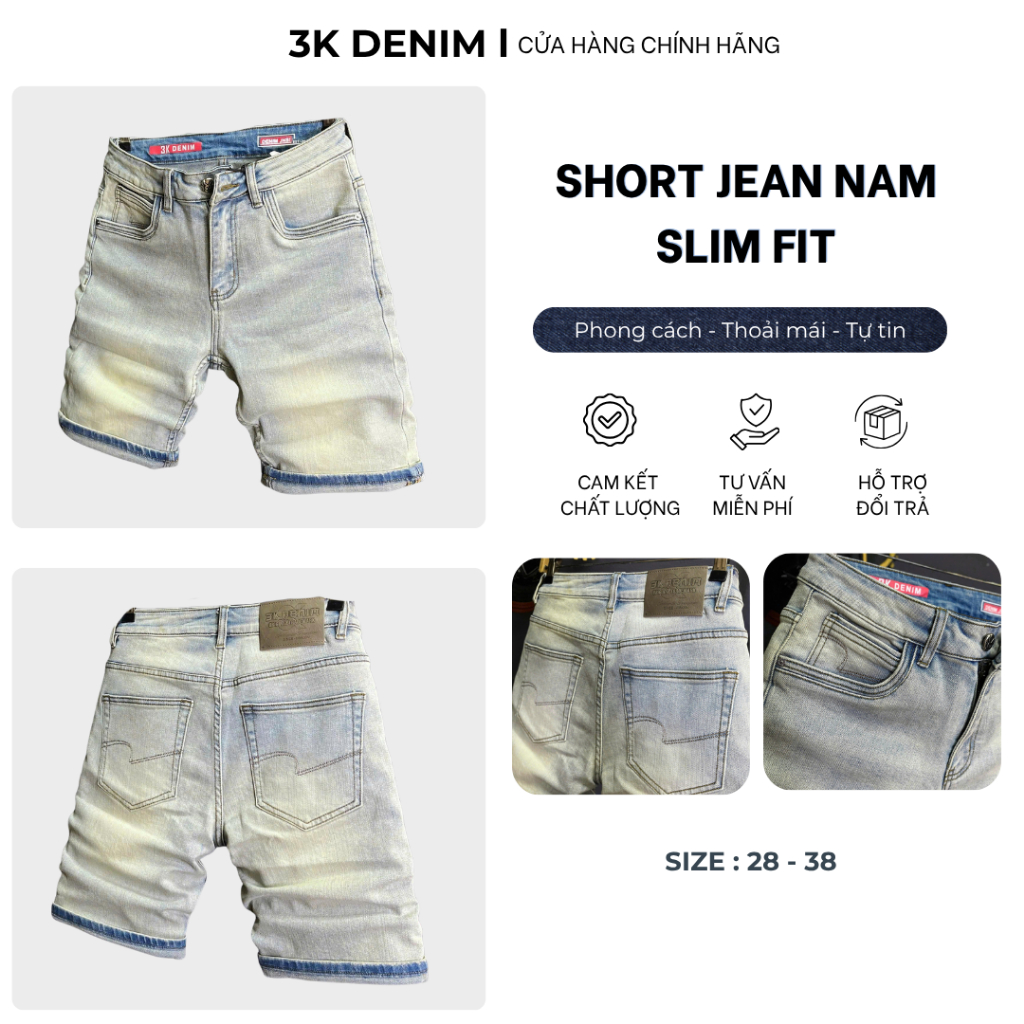 [3K DENIM]Jean Denim Guangzhou-3K1946]Quần Short Jean Nam Màu Xanh Was RETRO Phủ Dơ Mẫu Mới QS2141.