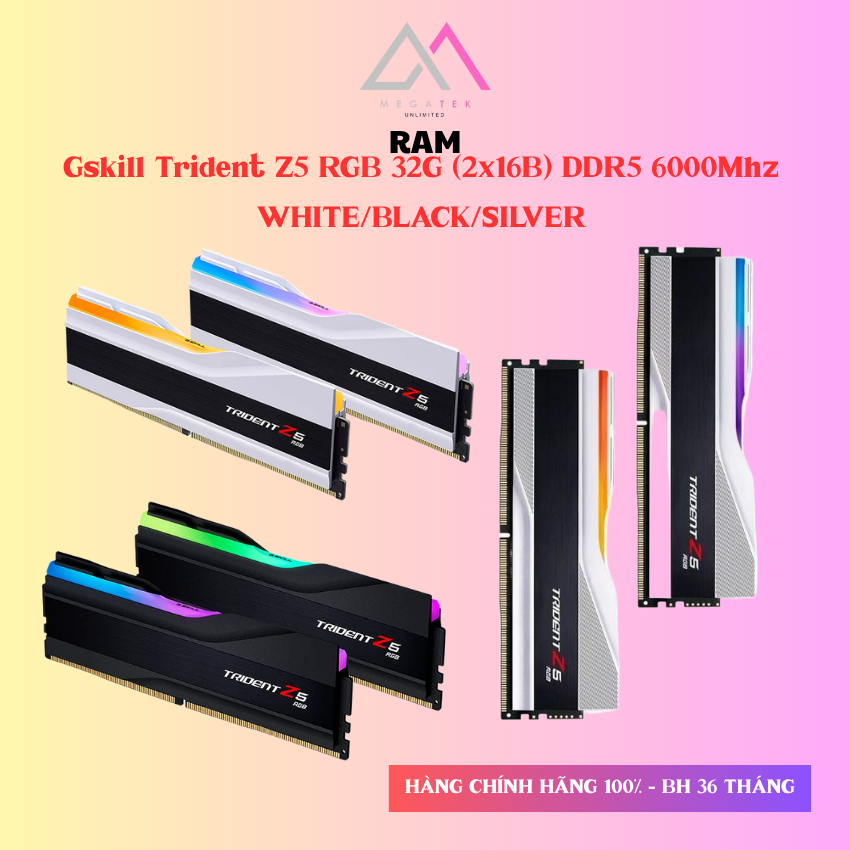 Ram Gskill Trident Z5 RGB 32G (2x16B) DDR5 6000Mhz White/Black/Silver(6000J3636F16GX2-TZ5RW/6000J363
