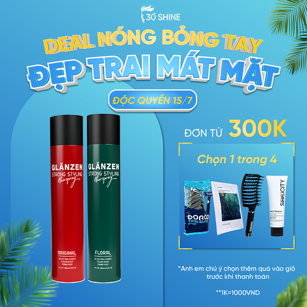 Gôm xịt giữ nếp tóc Glanzen 30Shine phân phối chính hãng giữ nếp tạo kiểu 380ml