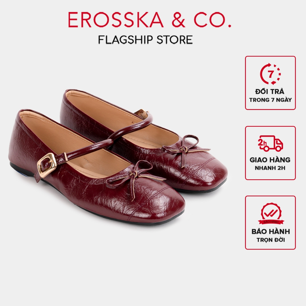 [Erosska] - Giày búp bê nữ hottrend balletcore đế bệt phối nơ màu đỏ - EL079