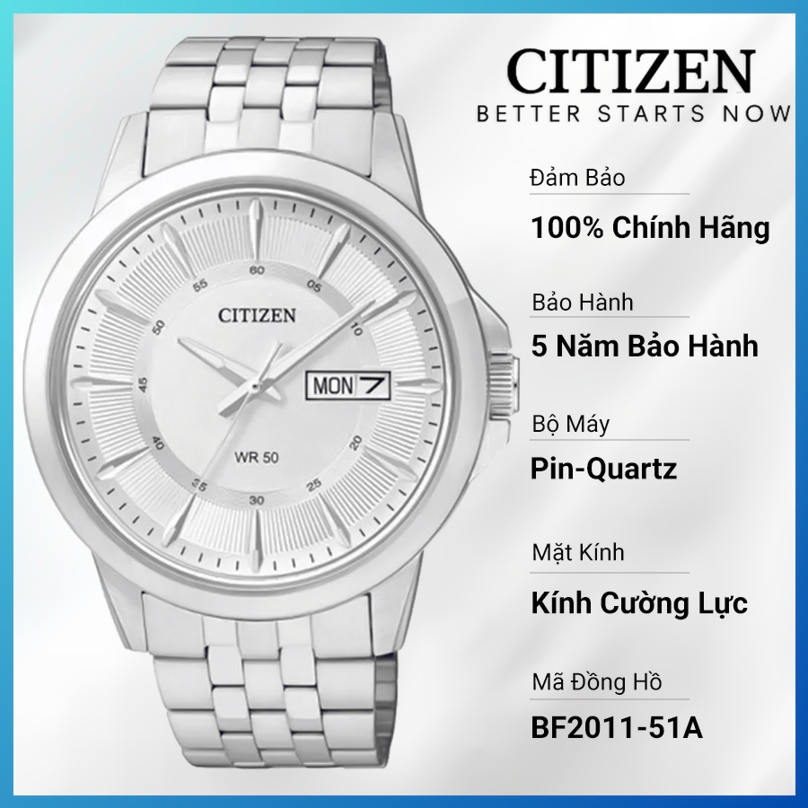 Đồng Hồ Nam Citizen Pin-Quartz Dây Thép Không Gỉ BF2011-51A - Mặt Trắng (41mm)