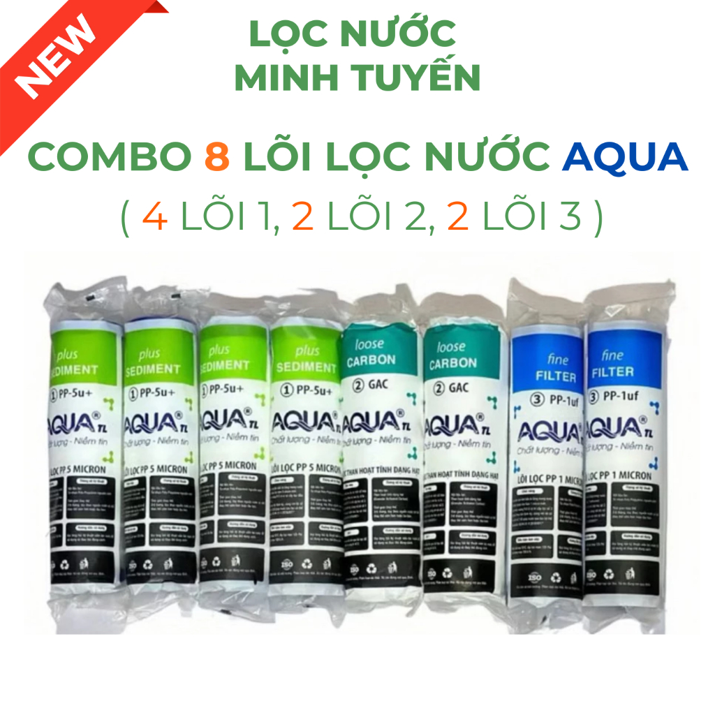 Combo 8 Lõi Lọc Nước Aqua Chính Hãng | 4 Lõi Số 1 + 2 Lõi Số 2 + 2 Lõi Số 3 Thay Thế Máy Lọc Nước R0