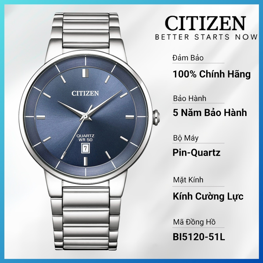Đồng Hồ Nam Citizen Pin-Quartz Dây Thép Không Gỉ BI5120-51L - Mặt Xanh (40mm)
