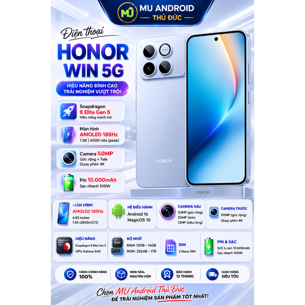 HONOR WIN 5G New Seal | Chip Snapdragon 8 Elite Gen 5, Màn 185Hz, Camera 50MP, Pin Trâu 10.000mAh