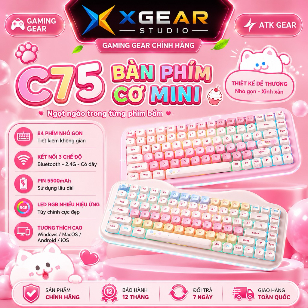 Bàn Phím Cơ Không Dây Yunzii C75 / Yunzii C98 Led Viền RGB 3Mode Kết Nối Hỗ trợ MacOS
