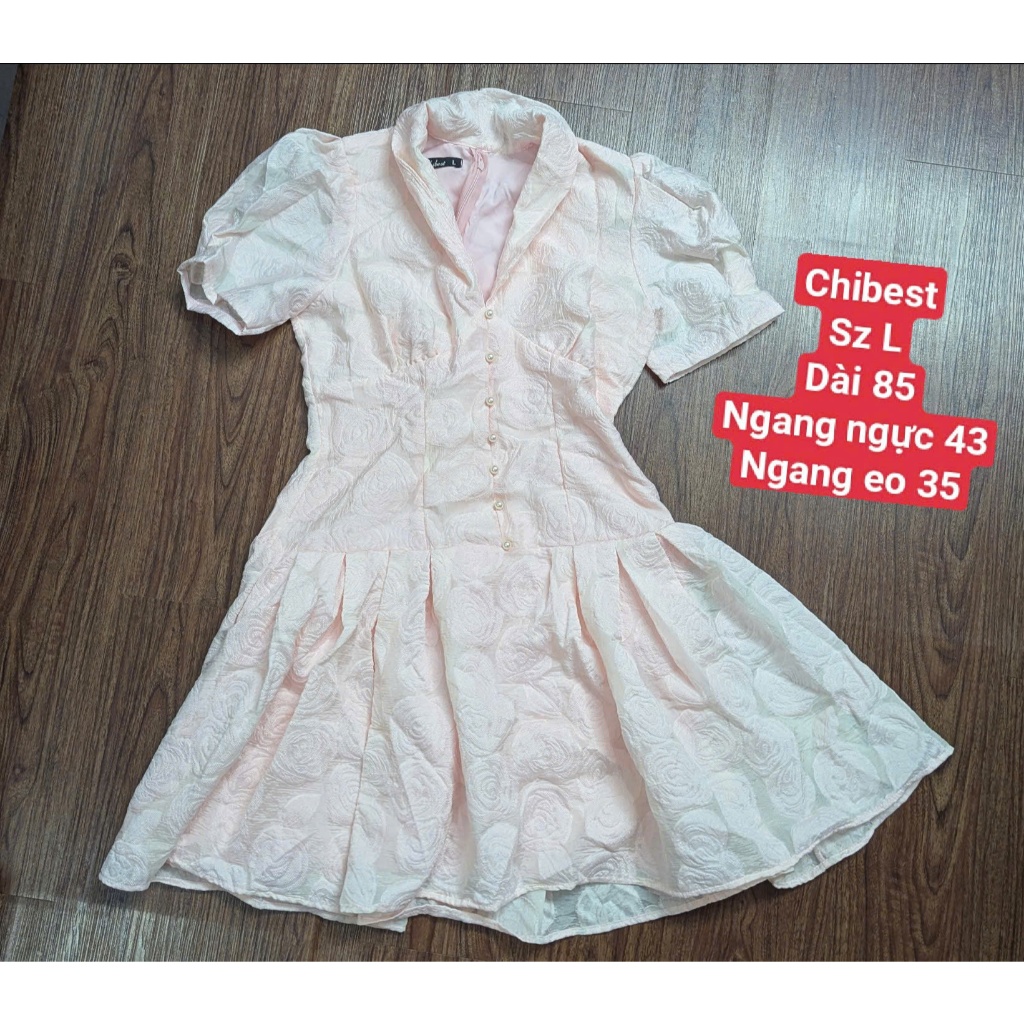 Đầm nữ tay ngắn phồng dáng xòe hồng nhạt CHIBEST size L hàng si đẹp không lỗi, váy nữ gấm xốp họa ti