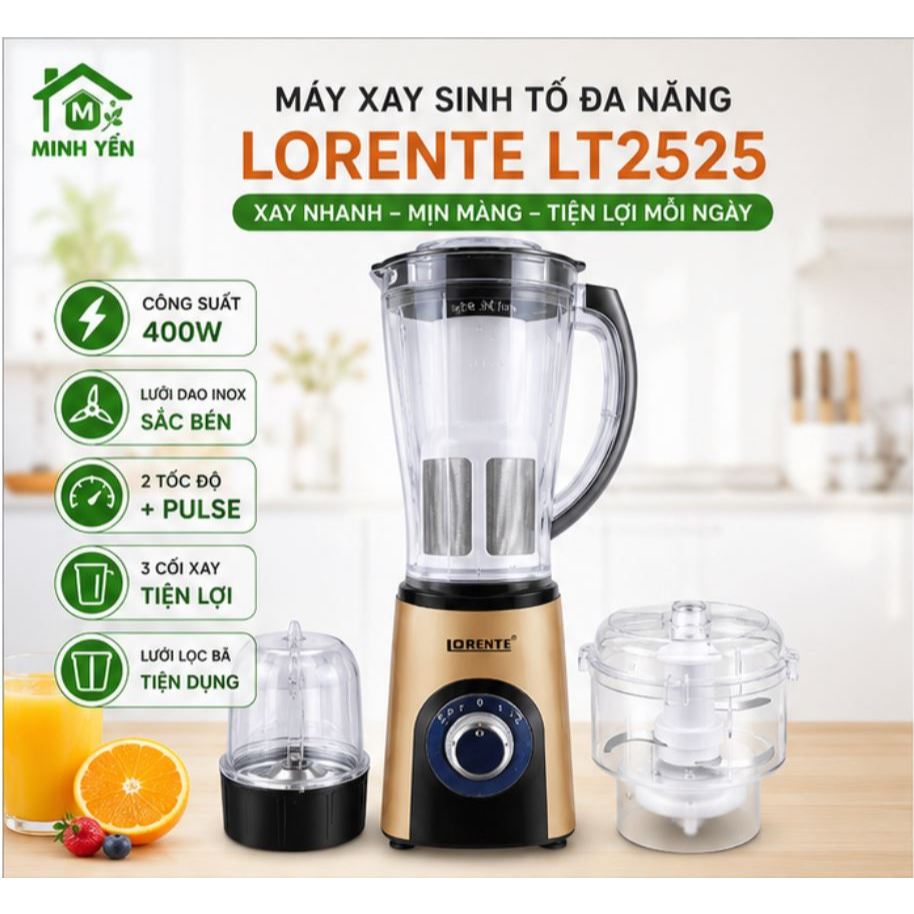 Máy Xay Sinh Tố Đa Năng Lorente LT2525 3 Cối 400W Có Lưới Lọc Bã Xay Thịt Xay Khô