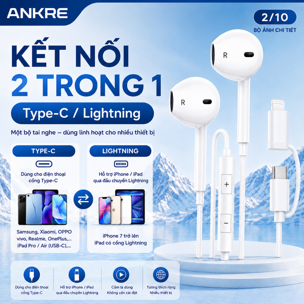 Tai Nghe Có Dây ANKRE 2 Trong 1 Type C Kèm Đầu Chuyển Ling, Có Mic, Điều Khiển…