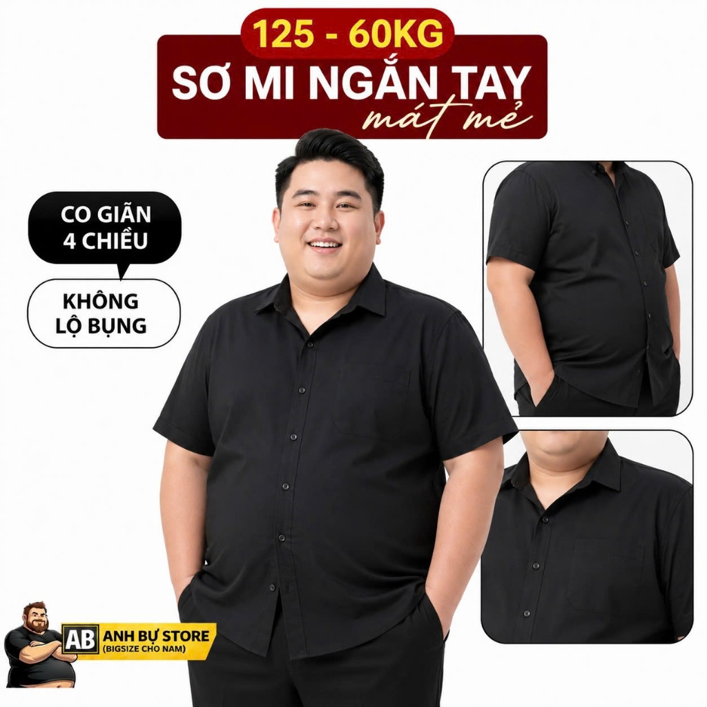 Sơ mi nam tay ngắn ANH BỰ mặc hằng ngày đi làm công sở cho người mập béo size to 60-145kg co dãn mát
