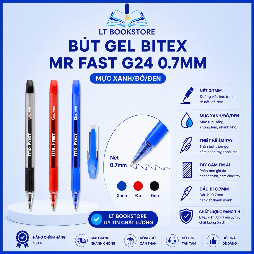 COMBO 6/12 Bút gel Mr.Fast G24 nét 0.7mm, mực xanh/đỏ/đen, mực đậm, viết êm