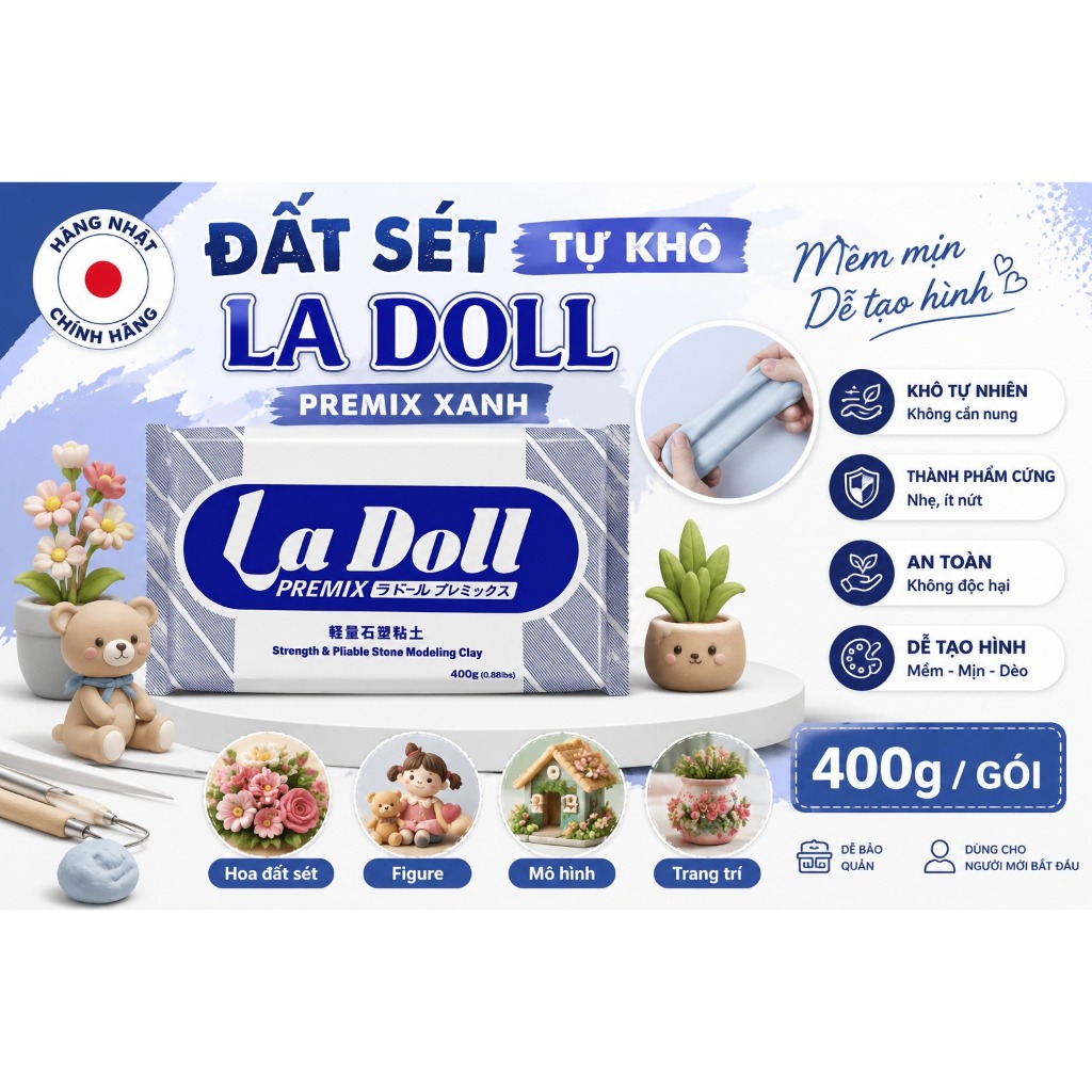 Đất sét tự khô Ladoll Premix 400g xanh - Air Clay