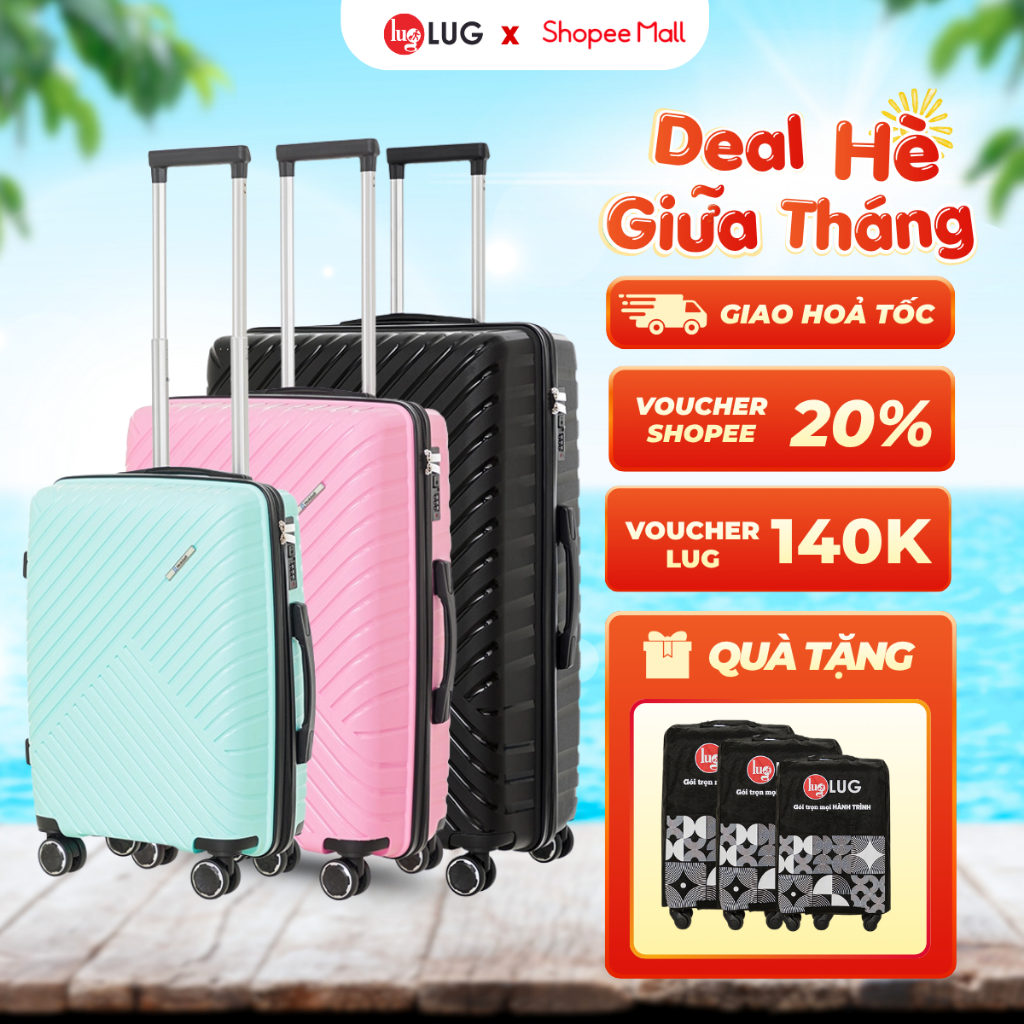 Combo 3 Vali Kéo LUG Holdall MP807 Size 20/Size 24/Size 28: Nhựa PP chống bể vỡ, Khoá Số Âm Bảo Mật