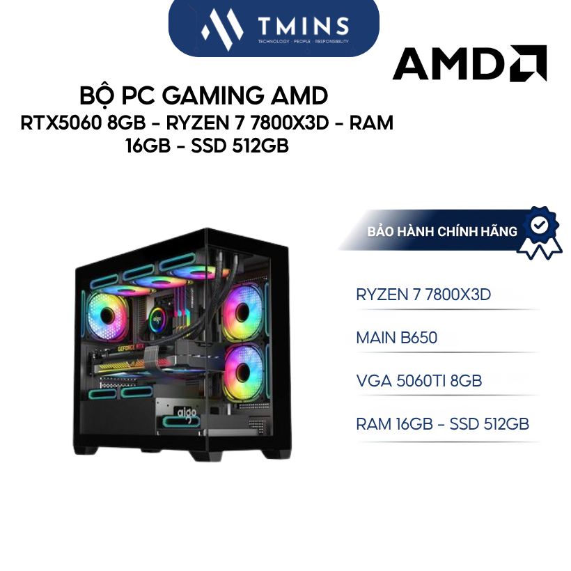 Bộ máy tính Gaming AMD PC (5060 ZOTAC 8GB/ Ryzen 7 7800X3D/ B650M/ 16GB RAM/ SSD 512GB) - Bảo hành c