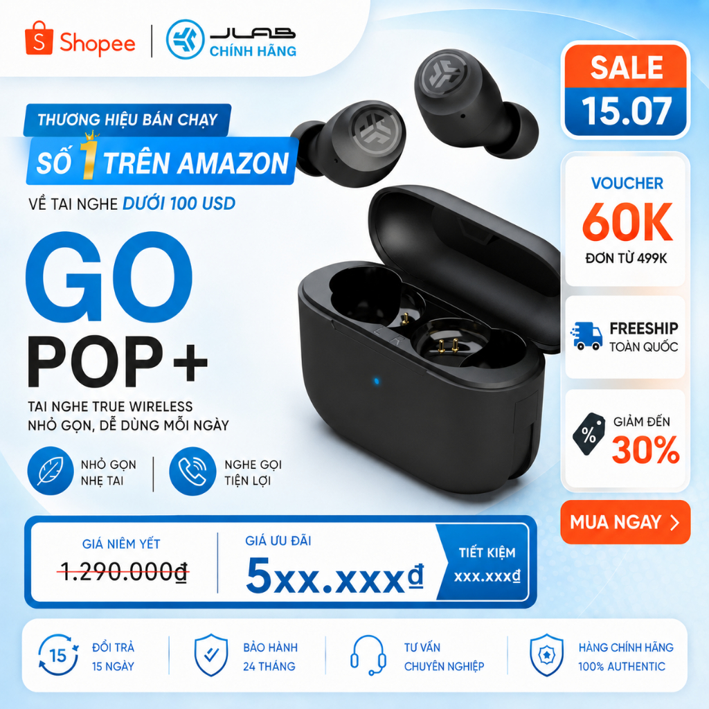 Tai Nghe Bluetooth JLab Go Pop+ True Wireless - Nhét Tai, Âm Thanh EQ3, Pin 35H, Nhỏ Gọn, Chính Hãng
