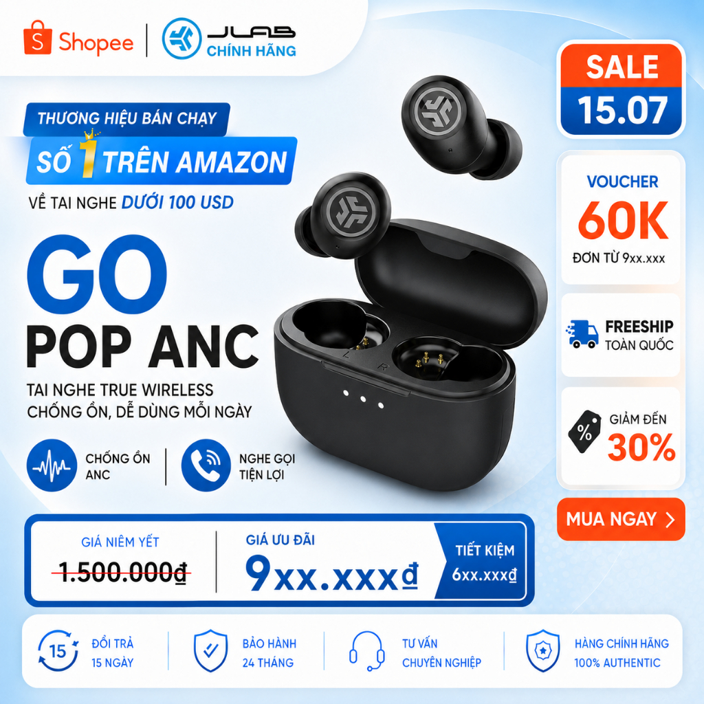 Tai Nghe Bluetooth Chống Ồn JLab Go Pop ANC True Wireless - Chống Ồn Chủ Động, Chống Nước IP55, Pin 