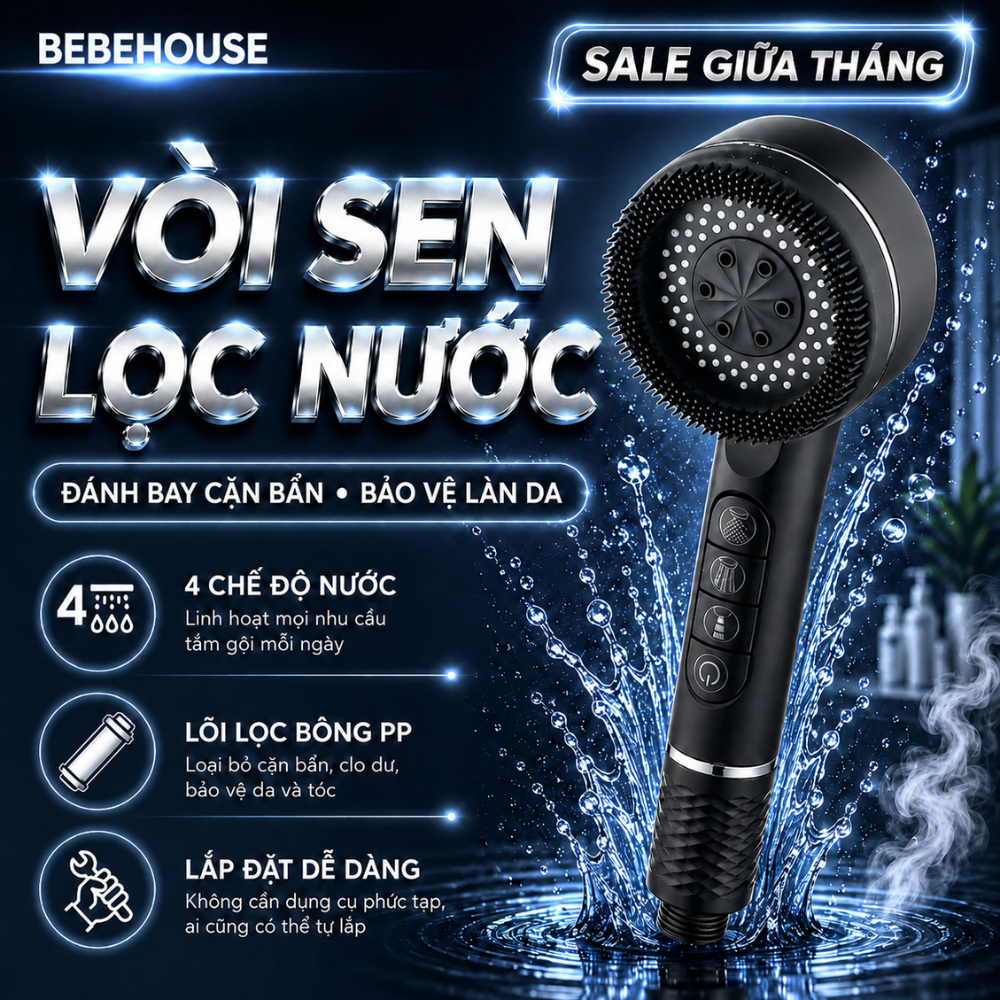 Vòi Sen Lọc Nước 4 Chế Độ Xả, Lõi Lọc Kèm Hạt Canxi Lọc Sạch Clo, Cặn Bẩn HT042 BEBEHOUSE