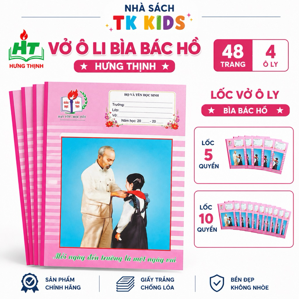 Lốc 5/10 quyển vở 4 ô ly bìa Bác Hồ 48 trang, vở Hưng Thịnh