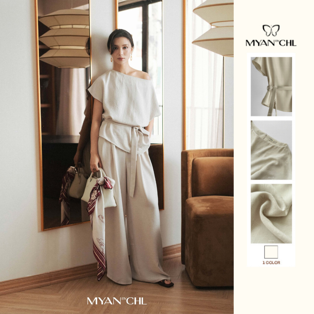 Áo Linen Chờm Vai Kèm Thắt Lưng Phối Quần Dáng Rộng MYAN STUDIO Thời Trang Thanh Lịch 26USAKI135 26U